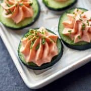 Smoked salmon mousse served on top of cucumber slices.