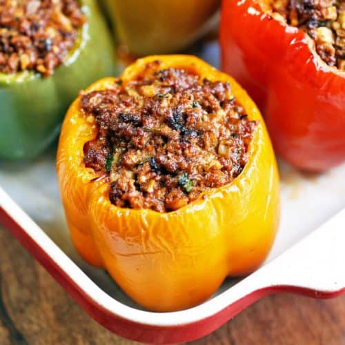 Stuffed peppers without rice served in a baking dish.