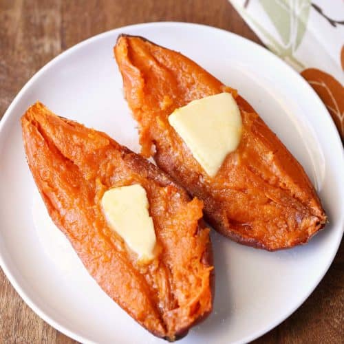 Microwave sweet potato topped with butter.