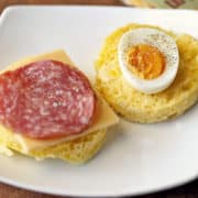 90-second keto bread topped with egg, salami, and cheese.