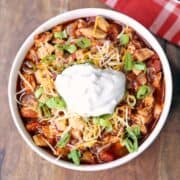 Turkey chili topped with a dollop of sour cream.
