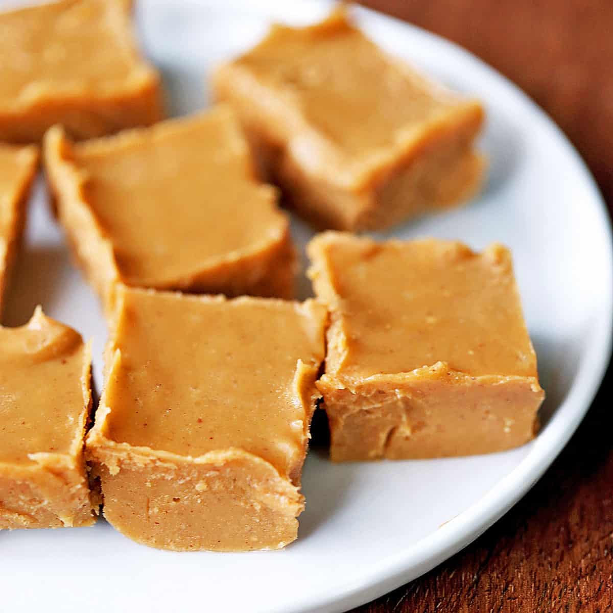 Keto peanut butter fudge squares served on a white plate.