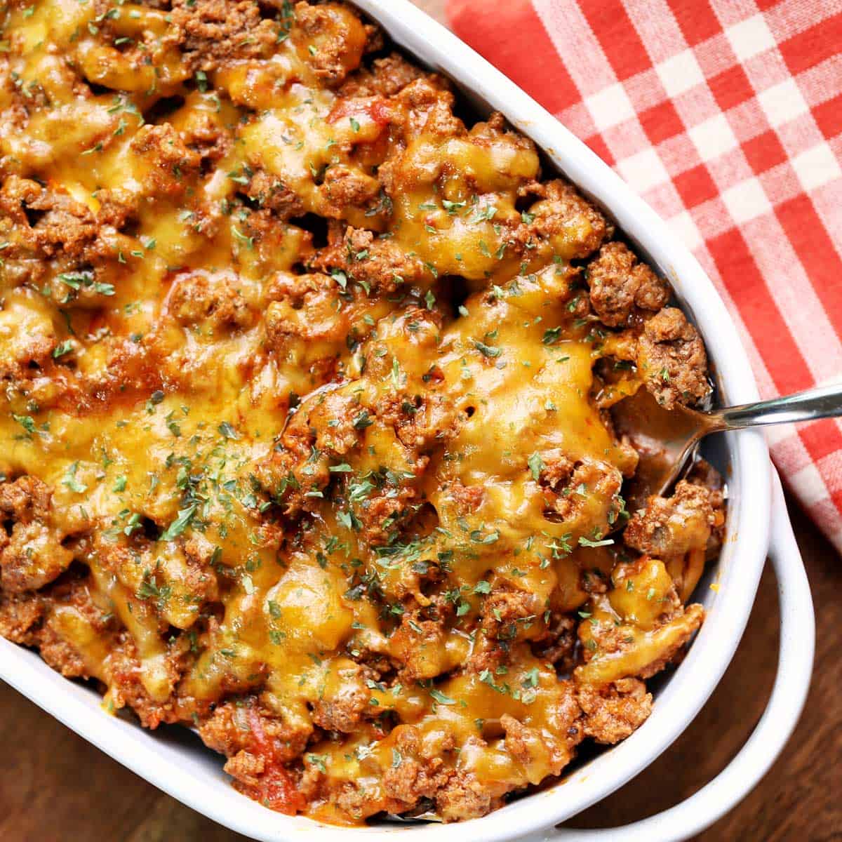 Keto cheeseburger casserole is served in a baking dish.