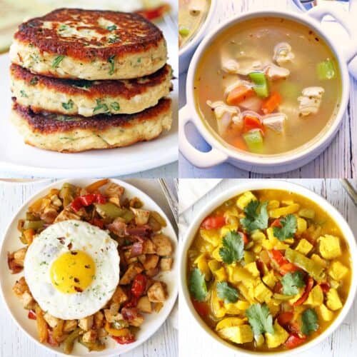 A 4-photo collage of leftover turkey recipes.