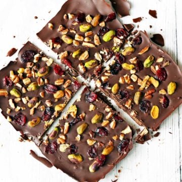 Chocolate bark pieces shown on a white background.
