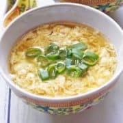 Egg drop soup served in a Chinese-style bowl.