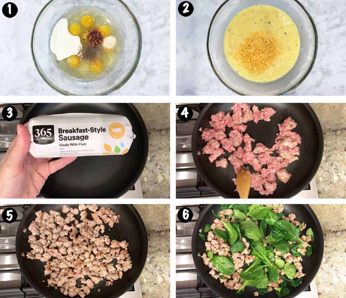 A photo collage showing the first six steps for making a sausage breakfast casserole.
