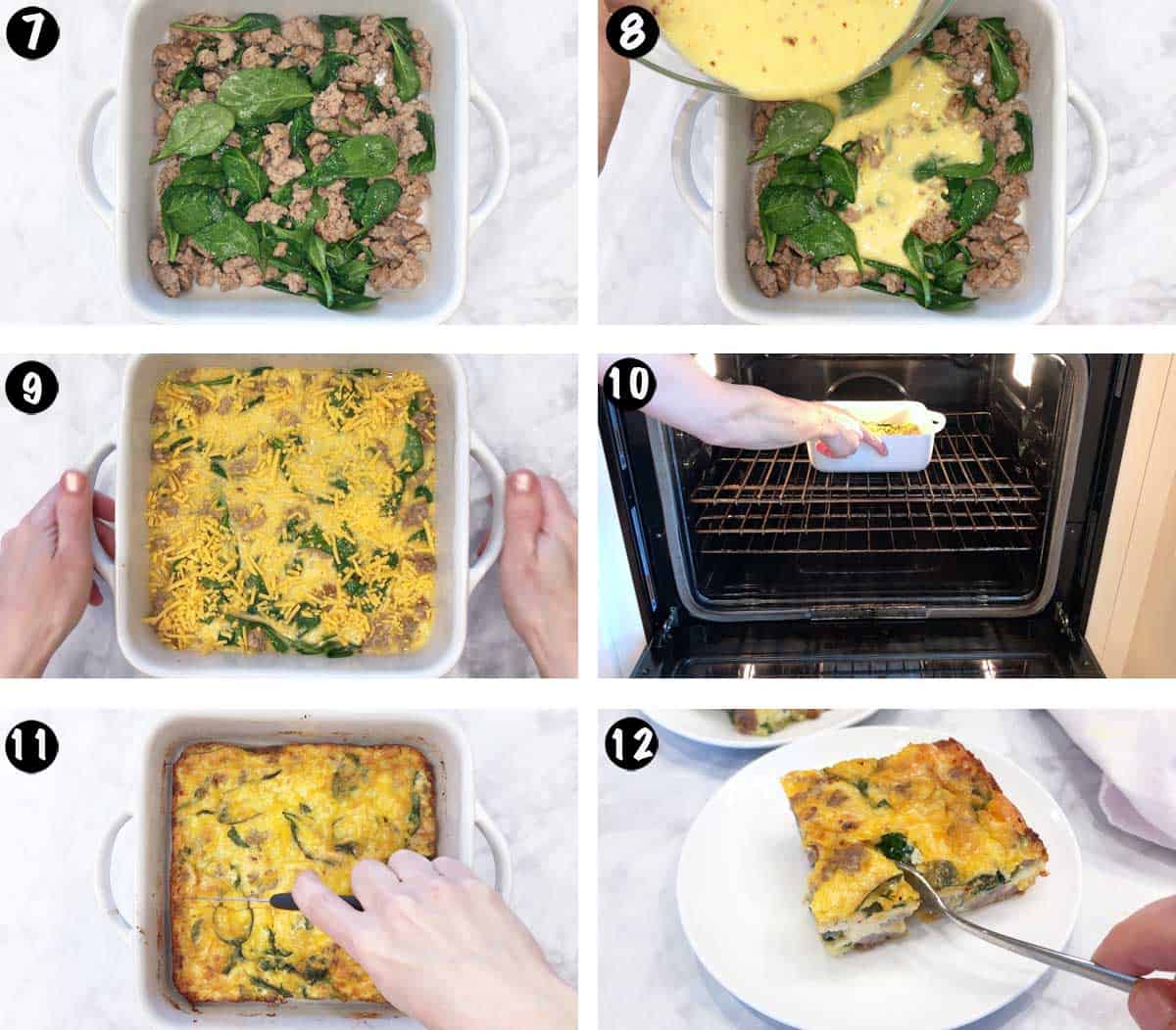 A photo collage showing the next six steps for making a keto breakfast casserole.