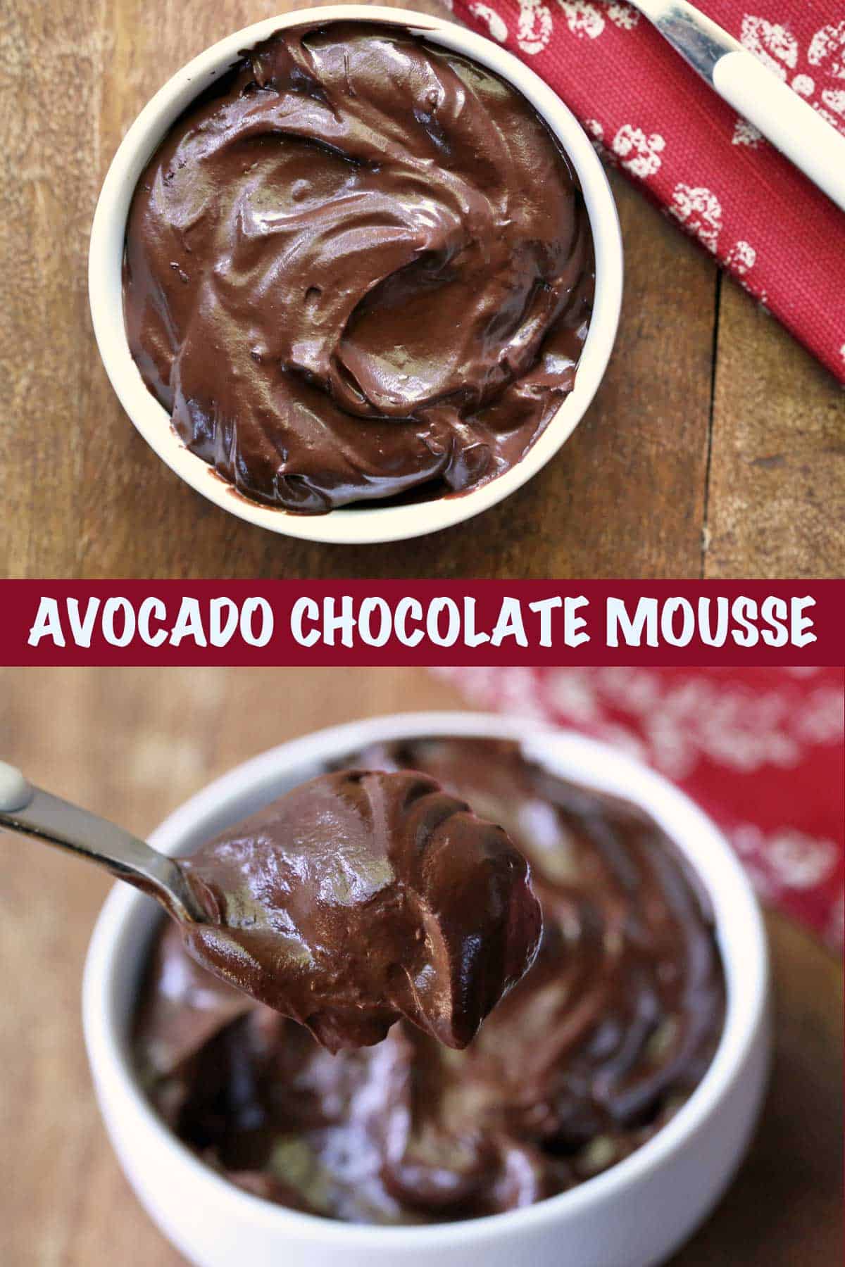 Two photos of a chocolate mousse made with avocado.