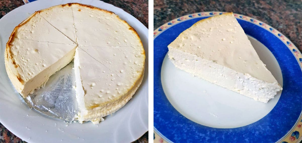 A two-photo collage showing dad's cheesecake.