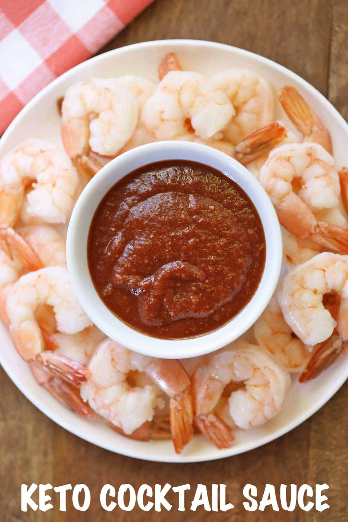 Keto cocktail sauce served with boiled shrimp. 