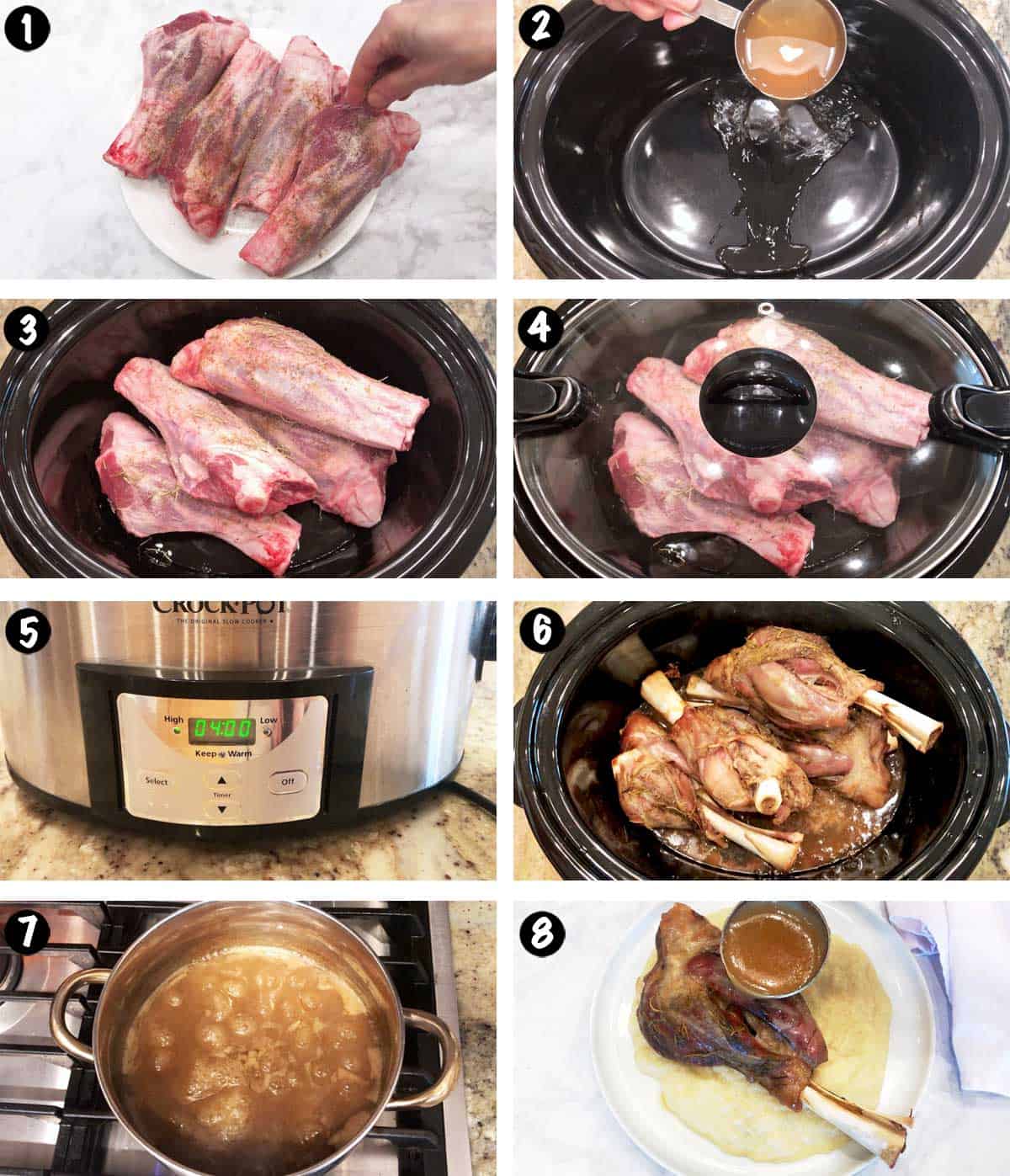 A photo collage showing steps for cooking lamb shanks in the crock pot.