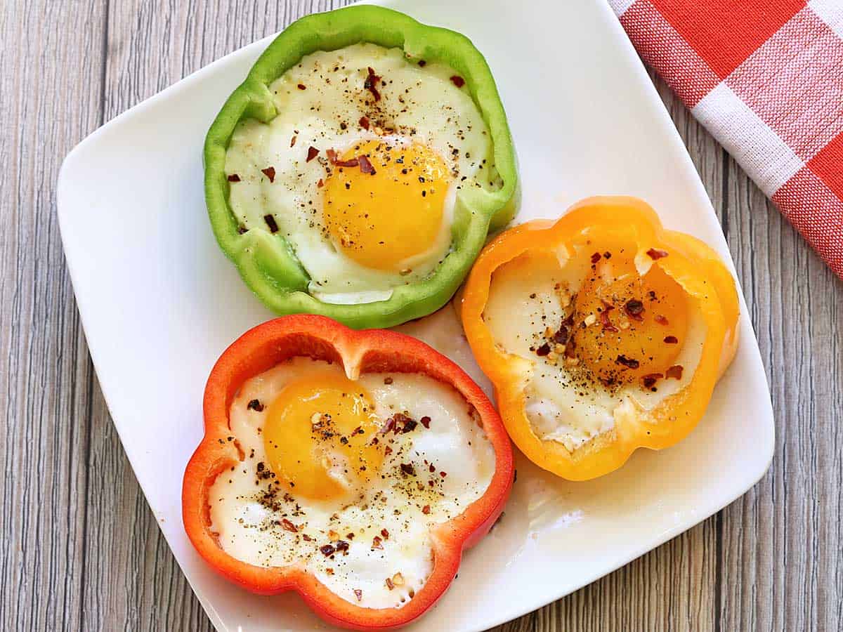 Bell pepper eggs served on a white plate