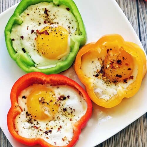 Bell pepper eggs served on a white plate.