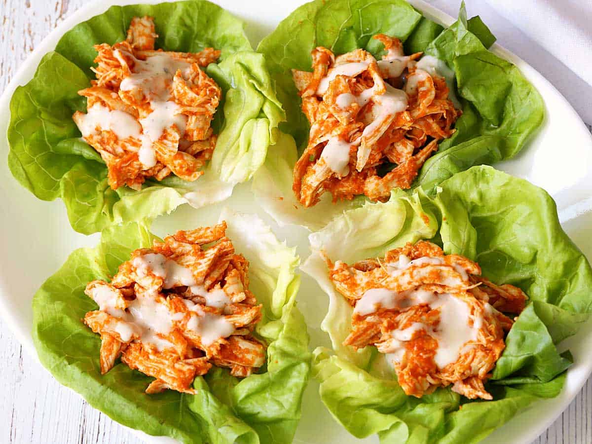 Buffalo chicken lettuce wraps served on a white plate.