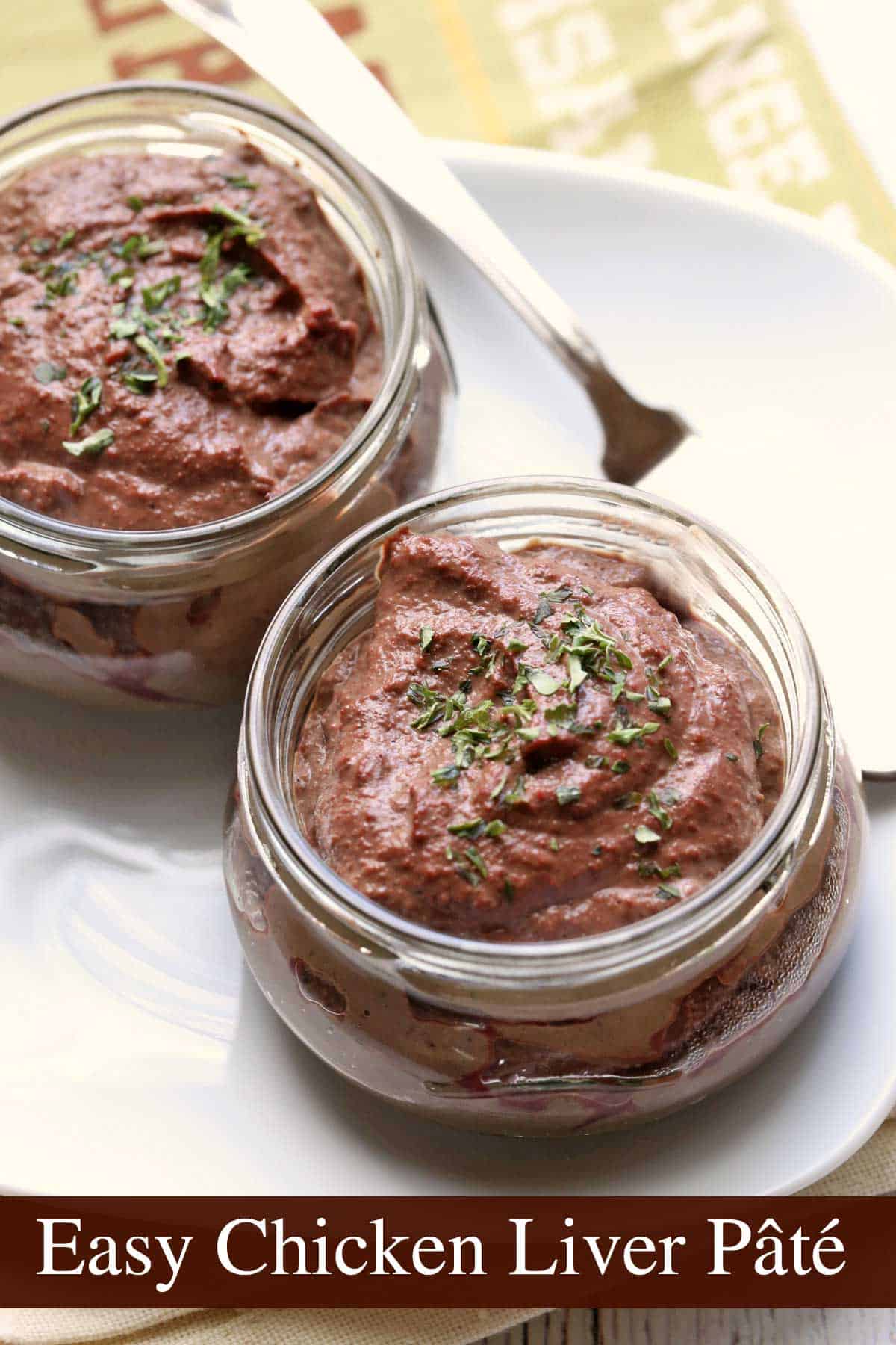 Chicken Liver Pâté served in jars and topped with parsley. 
