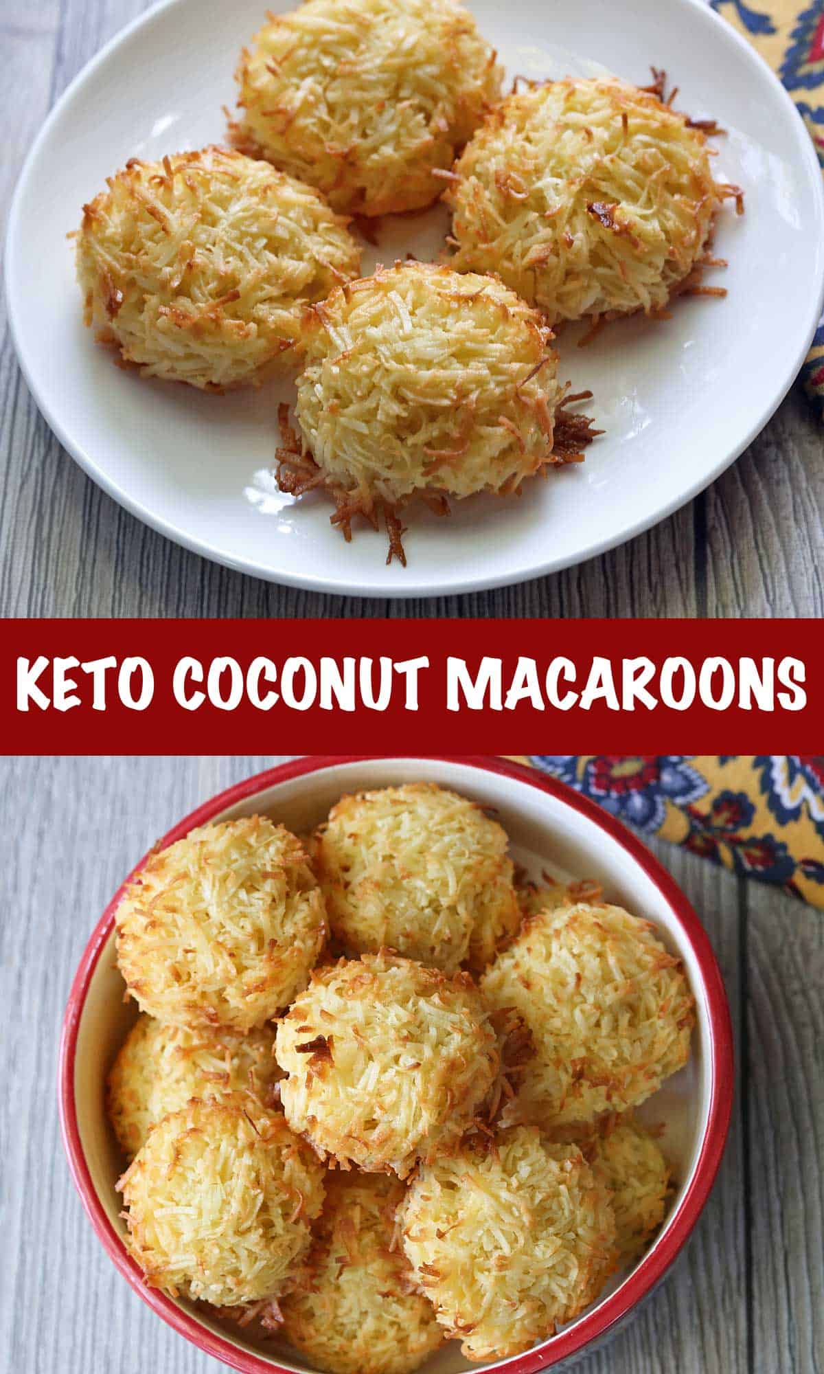 A two-photo collage of coconut macaroons, served on a plate and in a bowl.