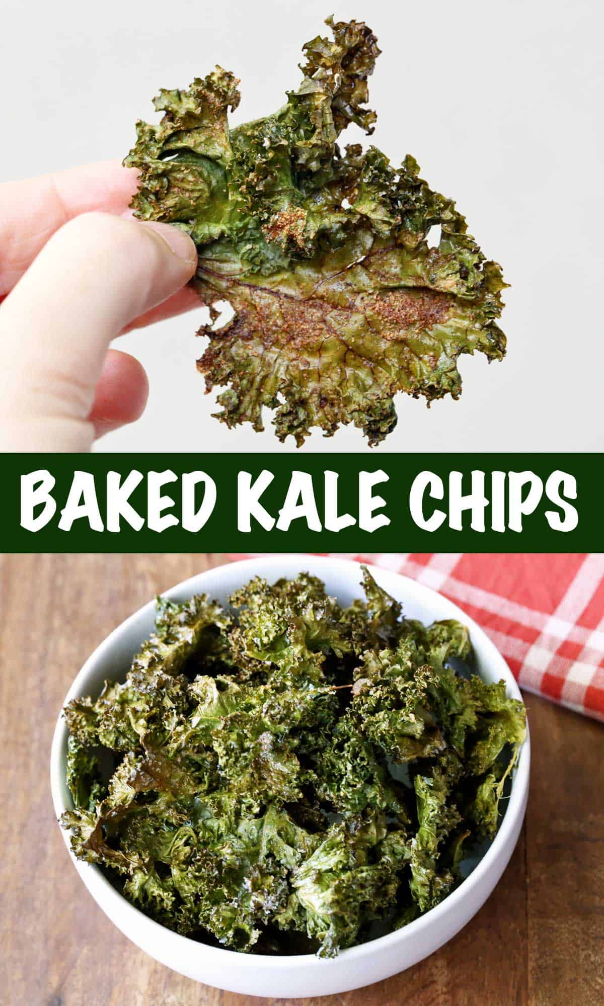 Two kale chips photos - a chip held in a hand and a bowl of chips. 