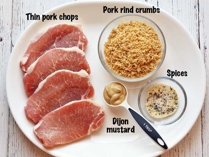 The ingredients needed to make keto fried pork chops. 