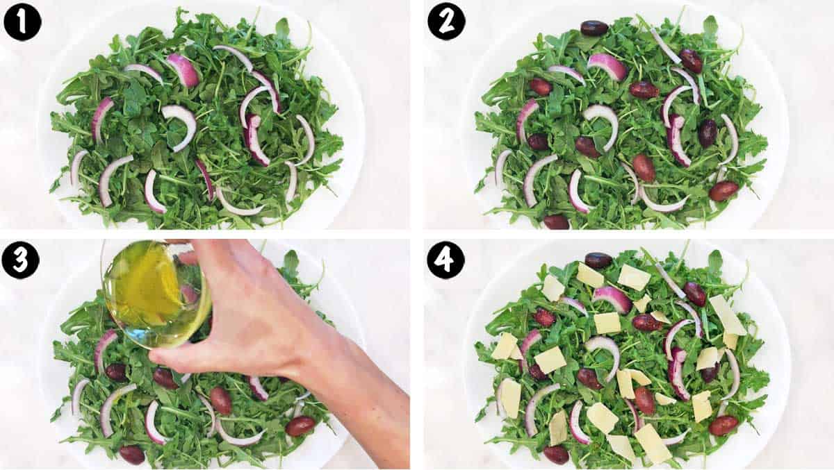 A four-photo collage showing the steps for making an arugula salad. 