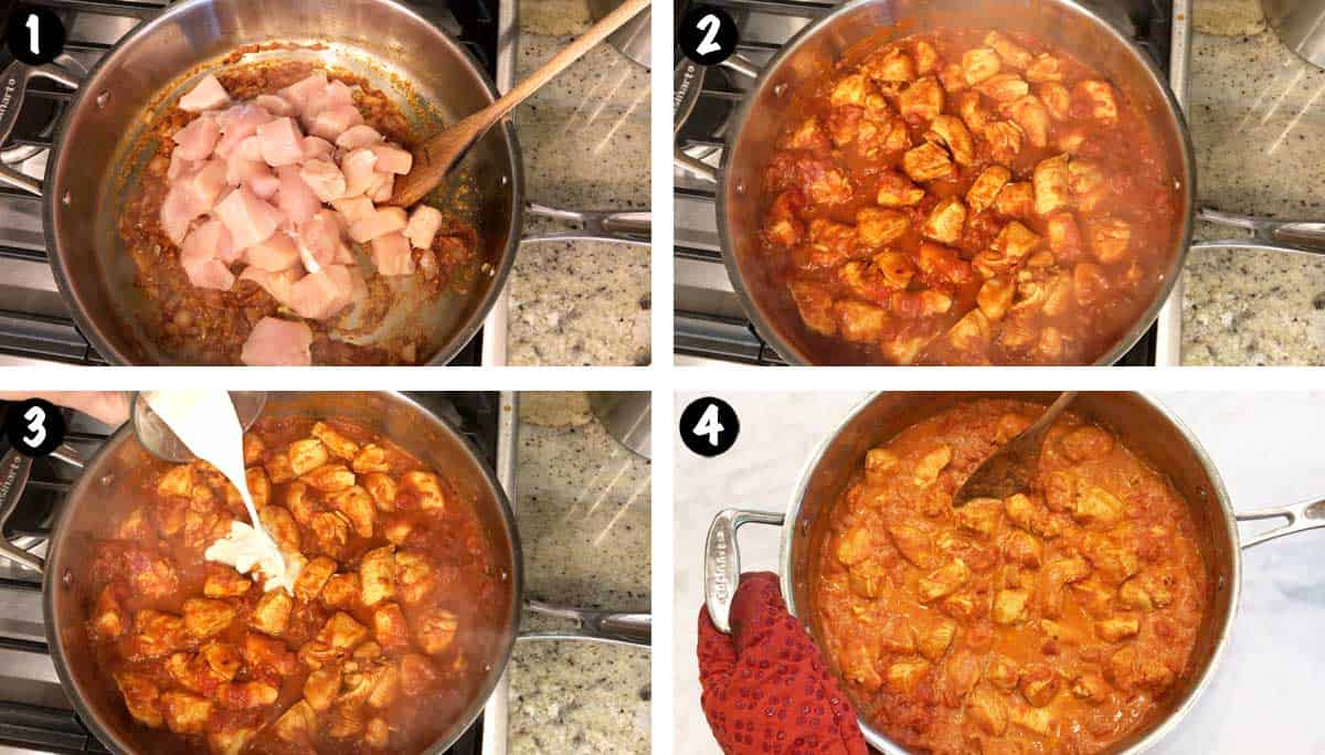 A four-photo collage showing the steps for making keto butter chicken. 