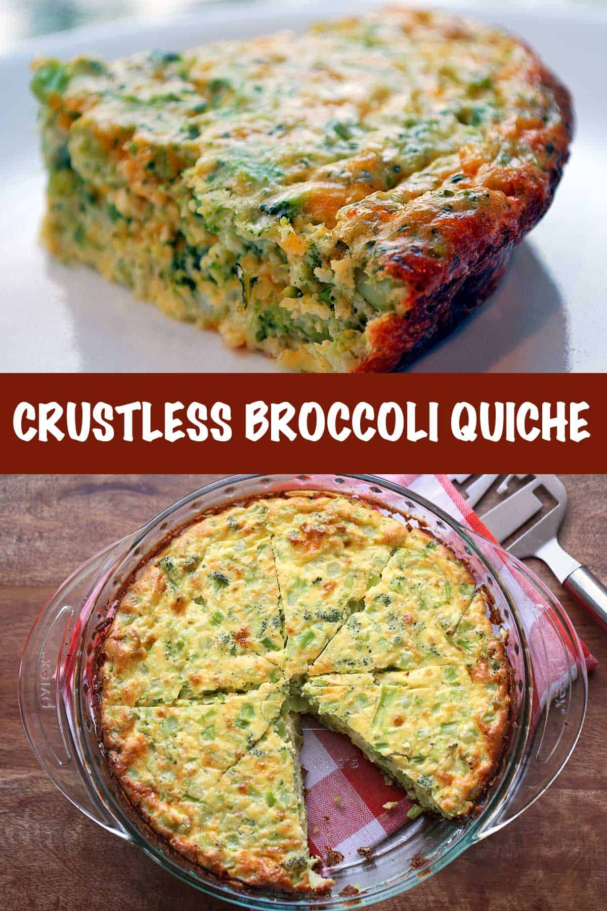 Two photos of a crustless quiche - a slice, and the whole quiche. 