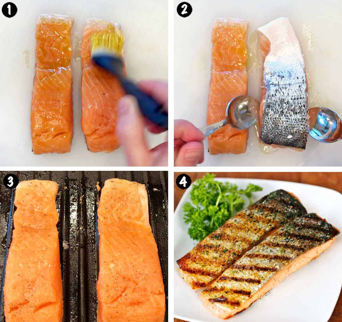 A photo collage showing the steps for grilling salmon. 