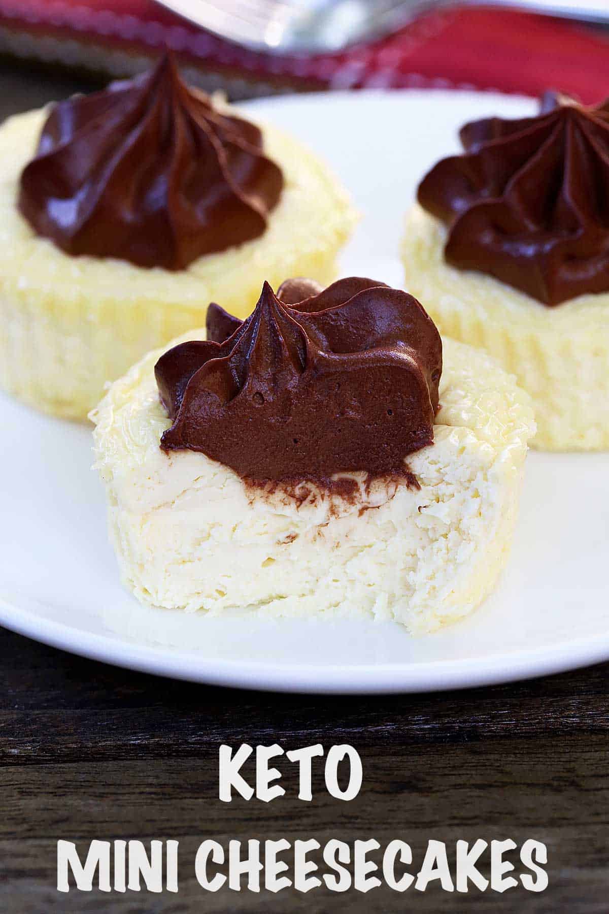 Low-carb mini cheesecakes served on a white plate. 