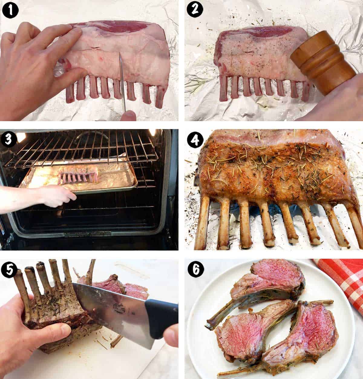 A six-photo collage showing the steps for roasting a rack of lamb in the oven. 