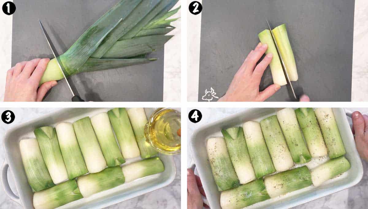 A photo collage showing steps 1-4 for roasting leeks. 
