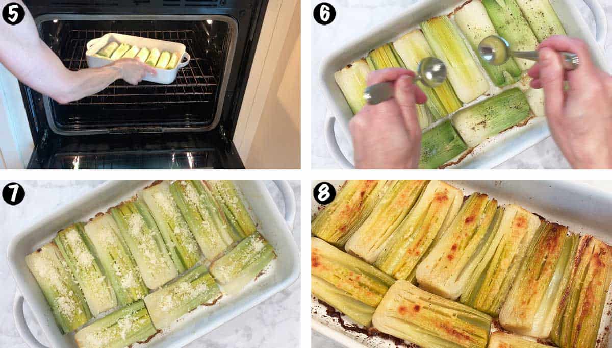 A photo collage showing steps 5-8 for baking leeks in the oven. 