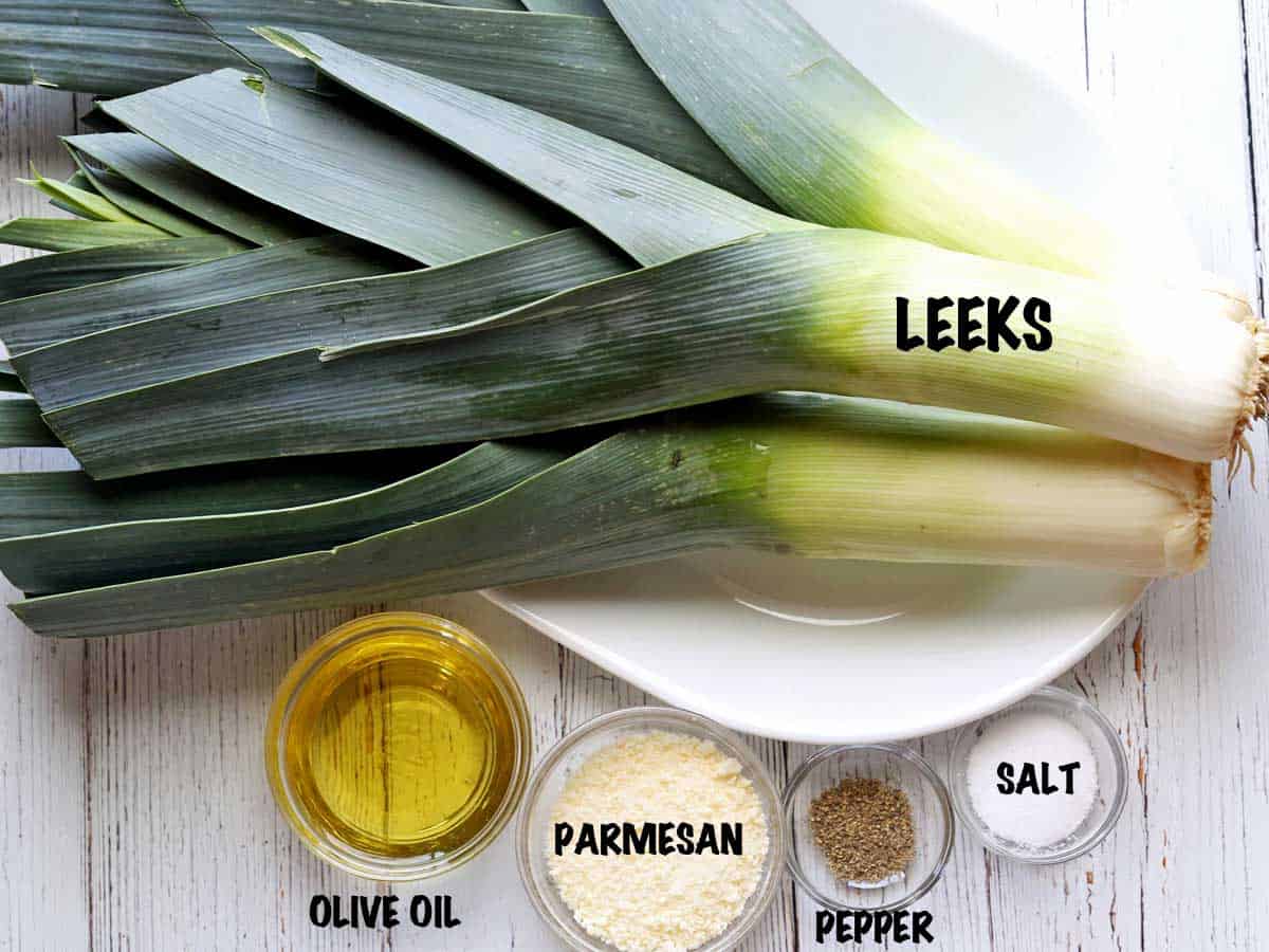 The ingredients needed to make oven-roasted leeks. 