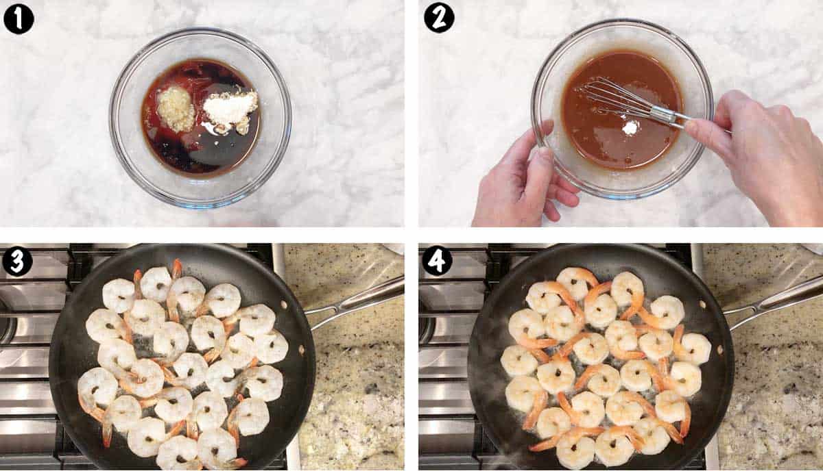 A photo collage showing steps 1-4 for making sesame shrimp. 