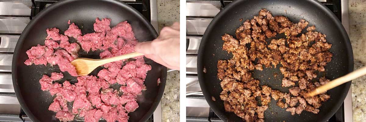 A two-photo collage with raw ground beef on the left and cooked ground beef on the right. 