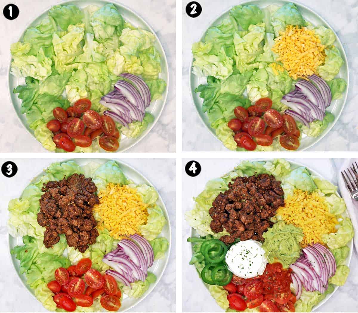 A photo collage showing the steps for arranging taco salad ingredients on a plate. 