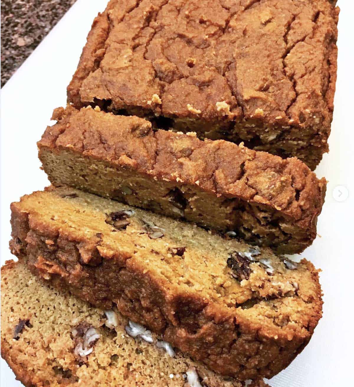 Reader photo of a sliced keto pumpkin bread with walnuts. 