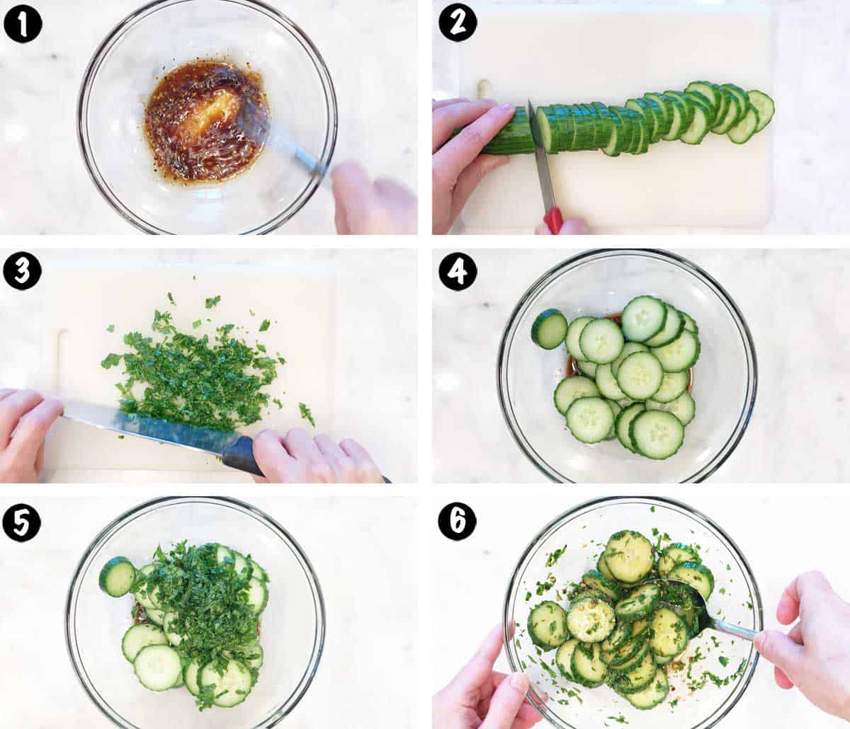 A six-photo collage showing the steps for making an Asian-style cucumber salad. 