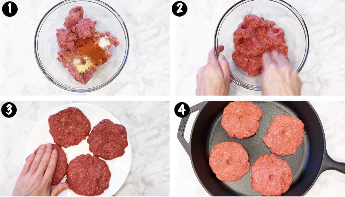 A photo collage showing steps 1-4 for broiling burgers. 