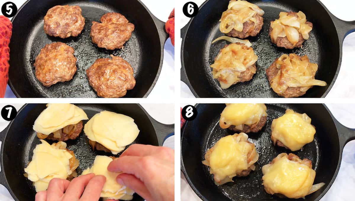 A photo collage showing steps 5-8 for broiling burgers. 