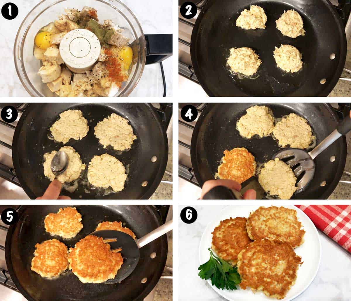 A six-photo collage showing the steps for making chicken patties.