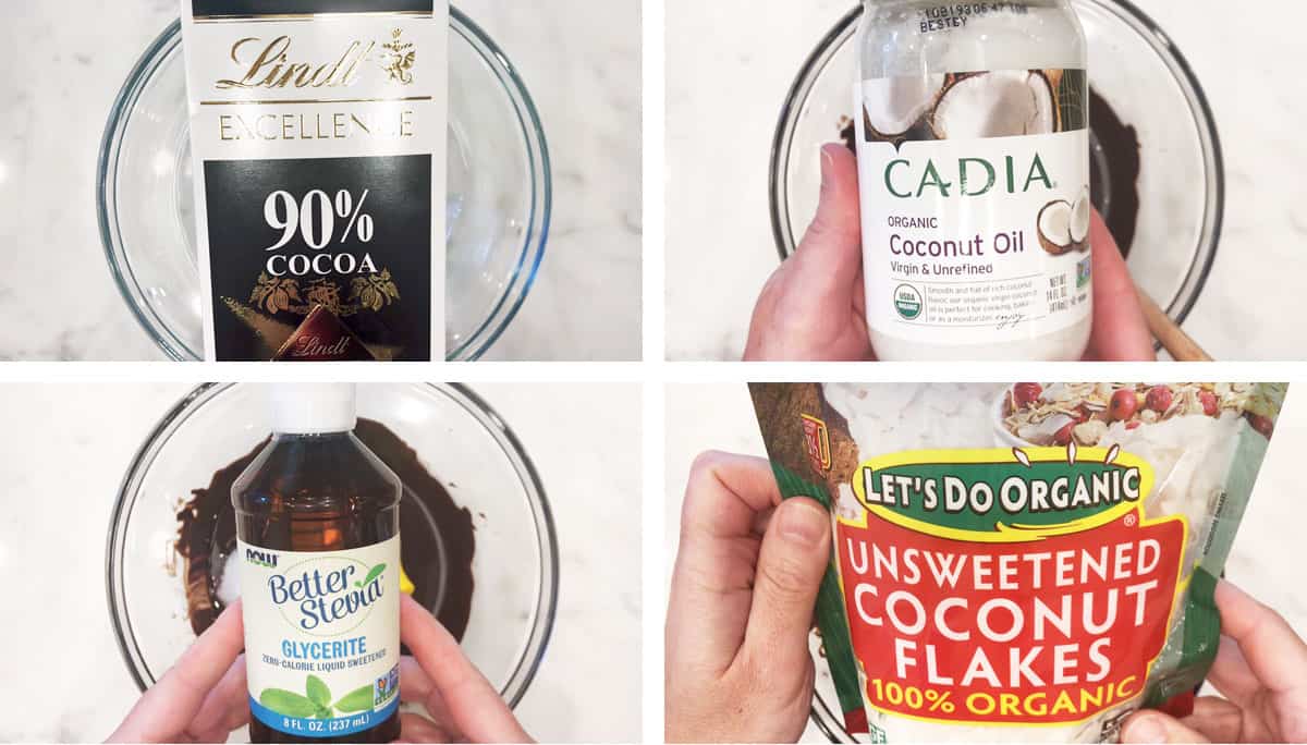 A four-photo collage showing the ingredients used when making coconut clusters. 