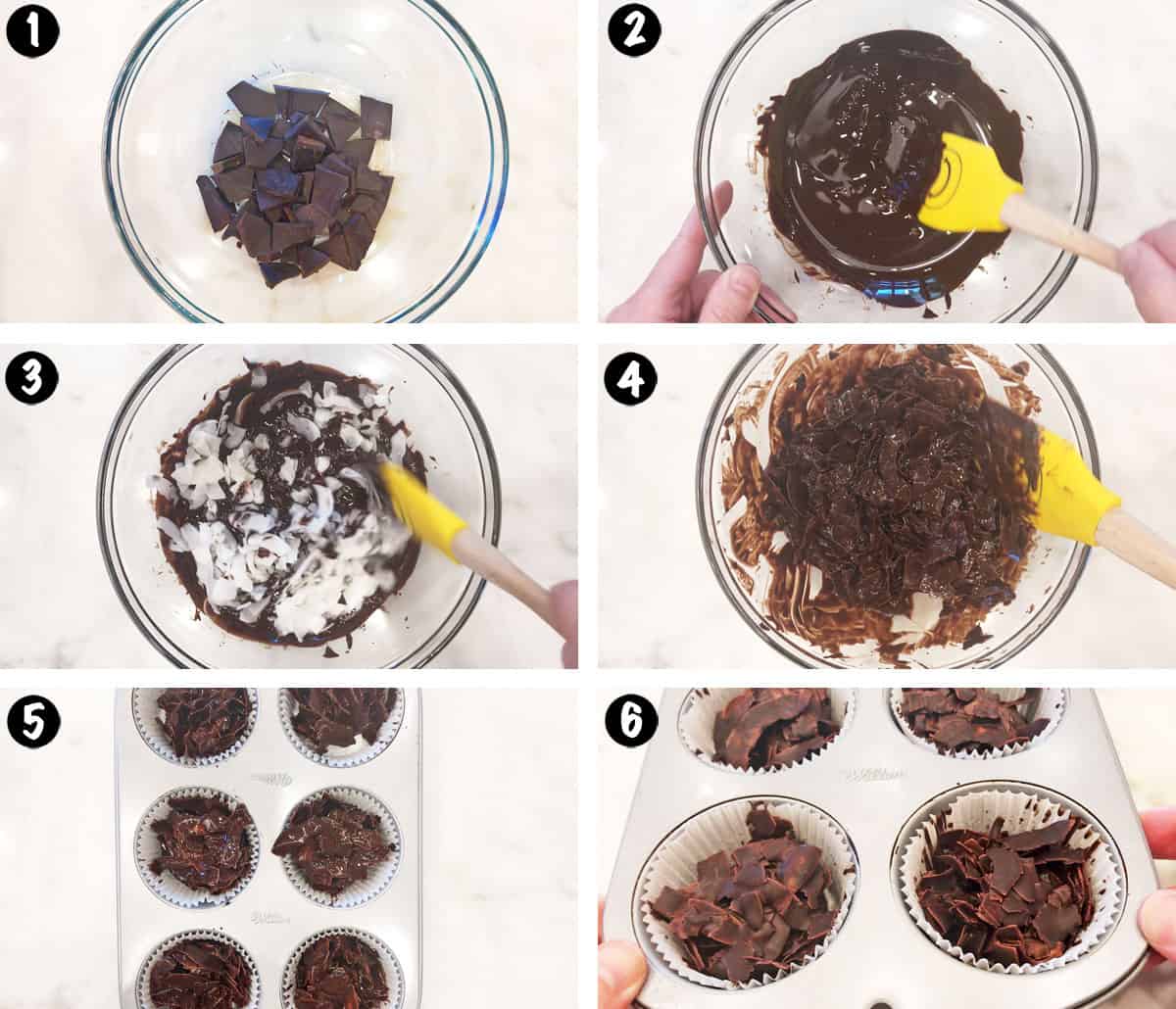 A six-photo collage showing the steps for making coconut clusters.