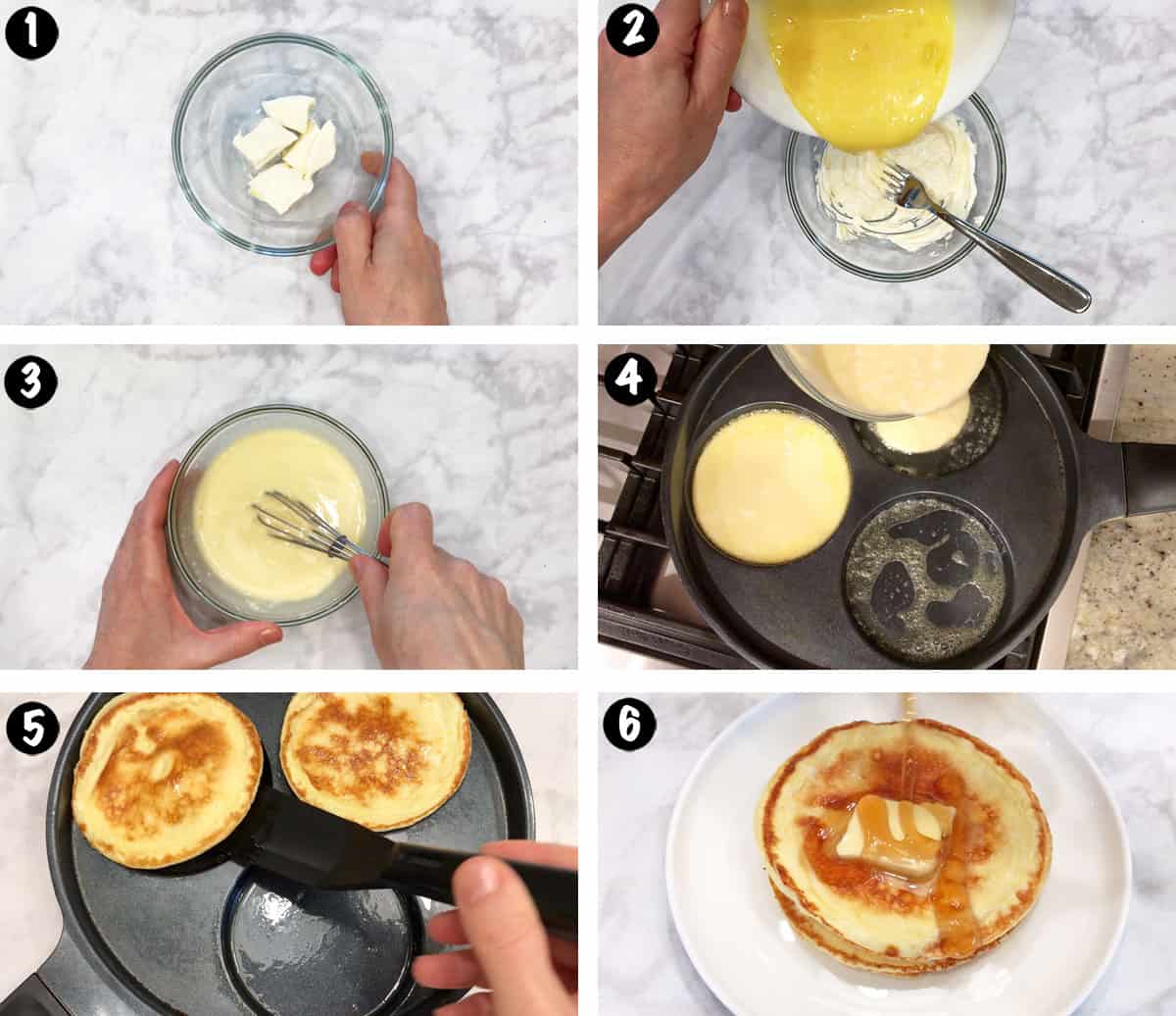 A photo collage showing the steps for making low-carb cream cheese pancakes.
