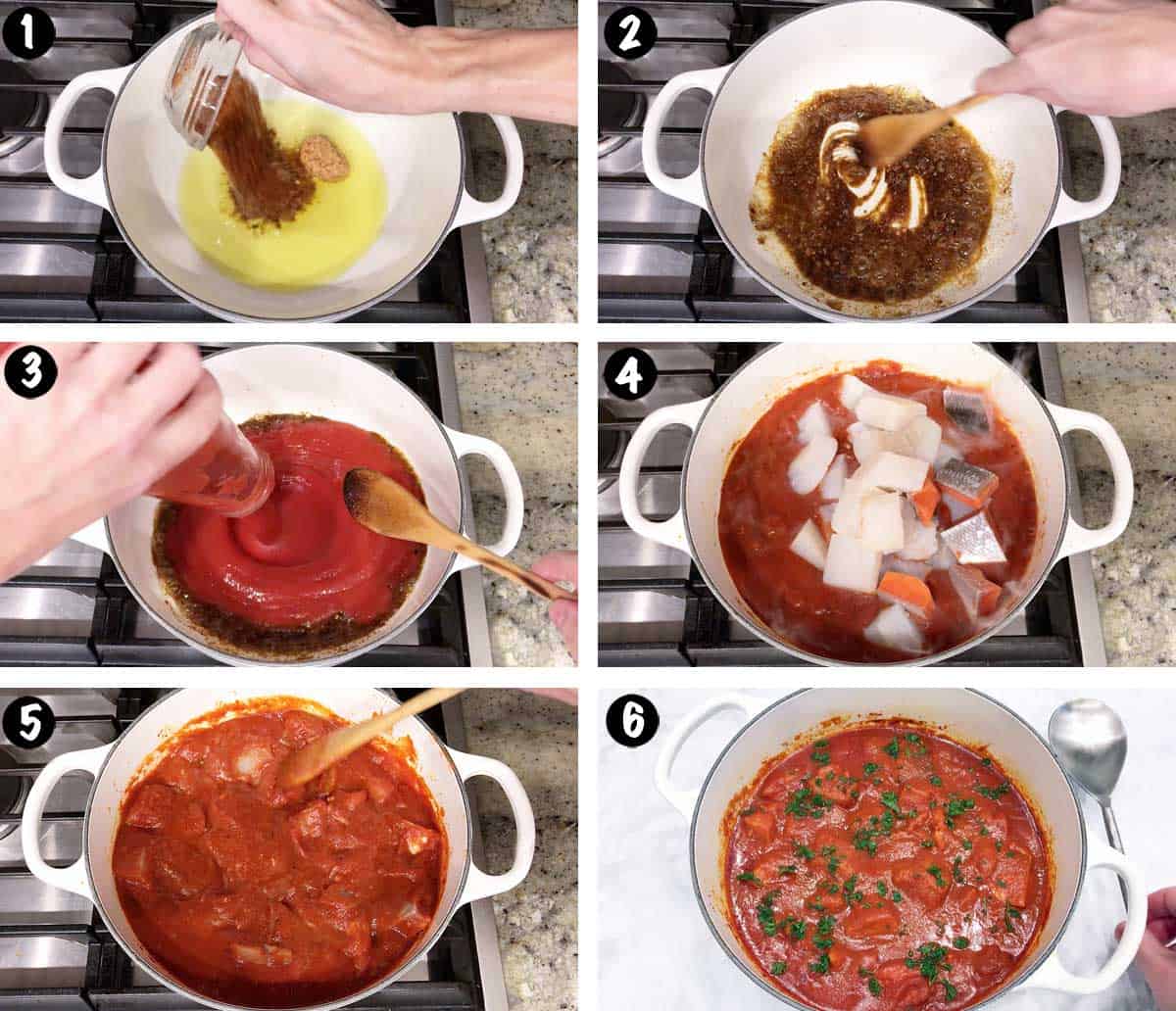 A six-photo collage showing the steps for making a spicy fish stew. 