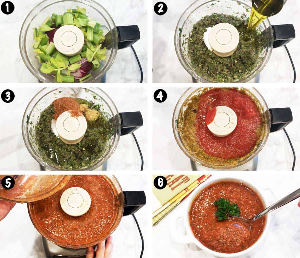 A six-photo collage showing the steps for making gazpacho. 