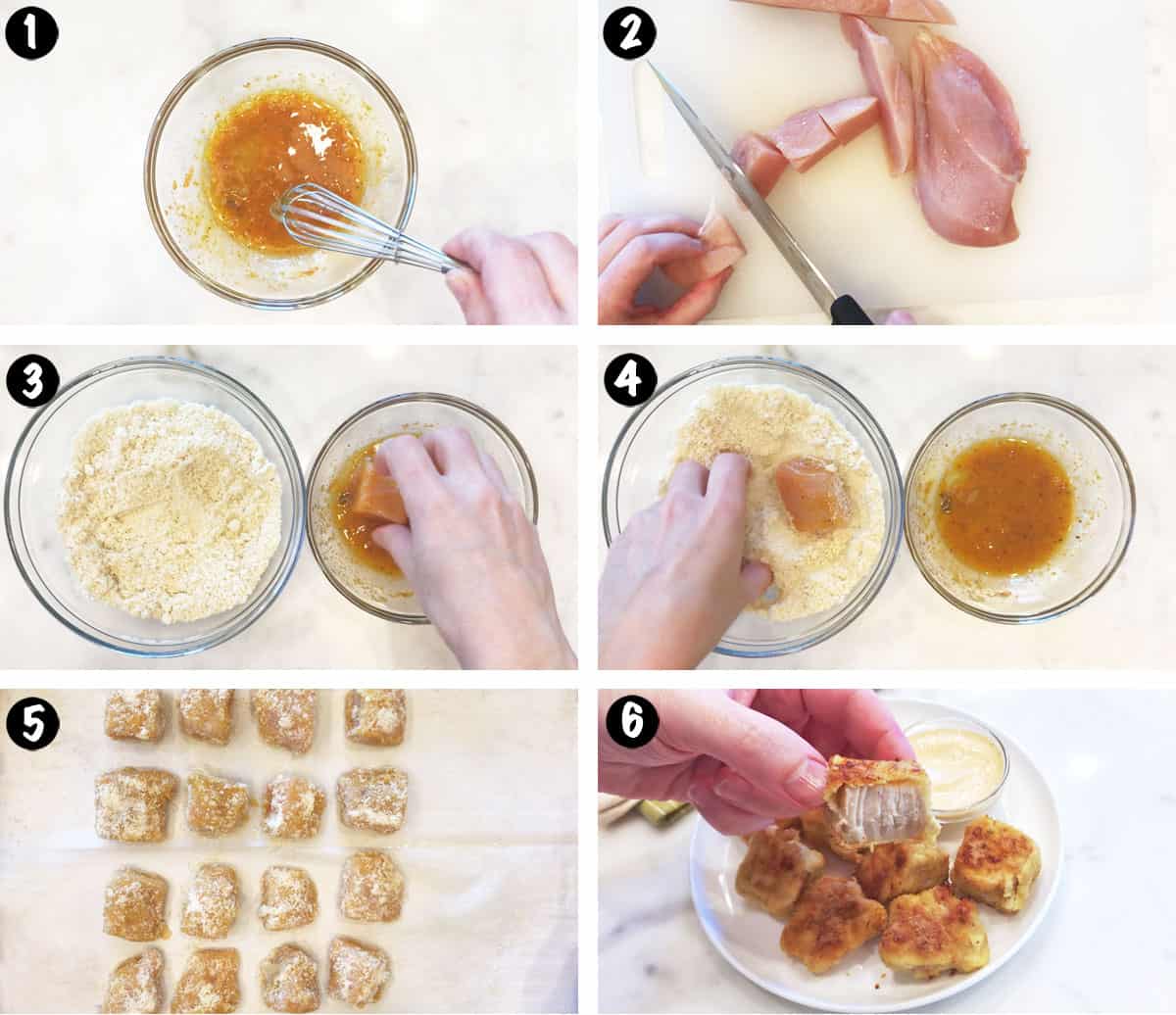 A six-photo collage showing the steps for making low-carb chicken nuggets. 