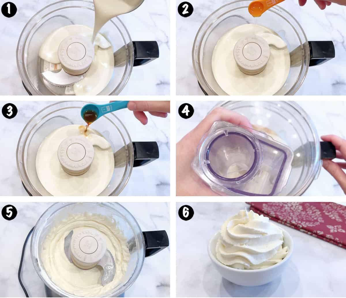 A photo collage showing the steps for making low-carb whipped cream. 