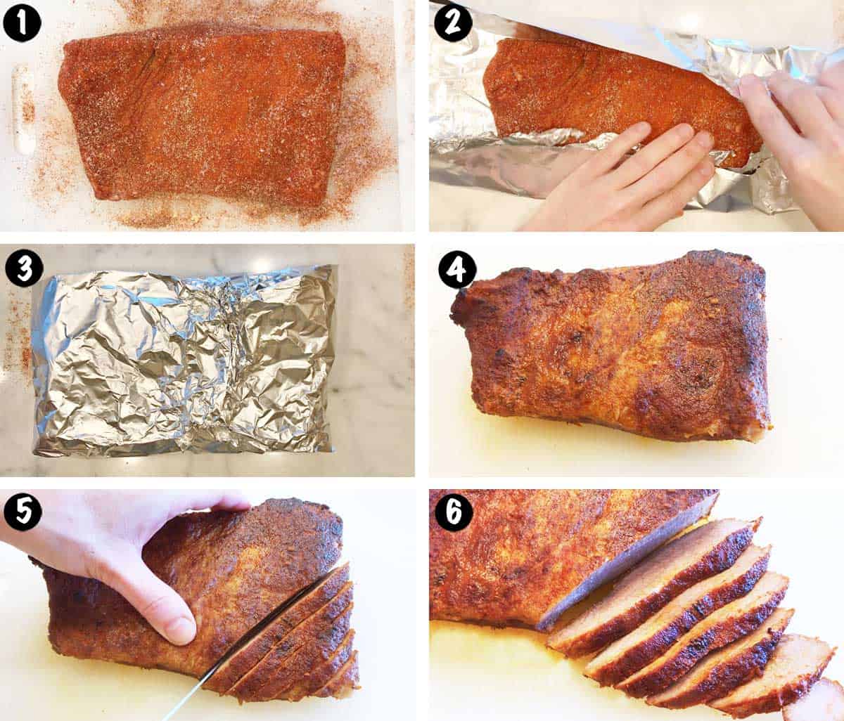 A photo collage showing the steps for cooking brisket in the oven. 