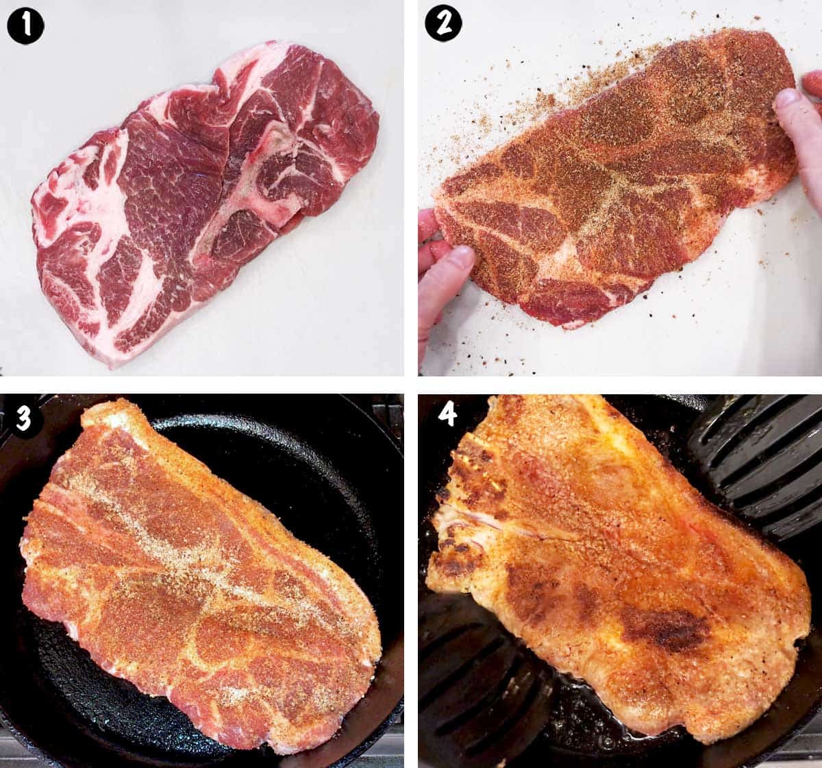 A photo collage showing the steps for cooking a pork shoulder steak. 