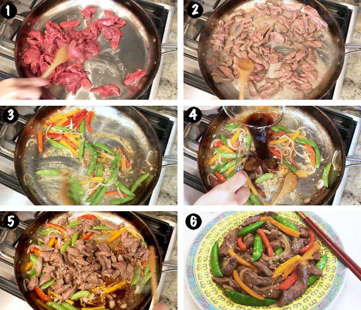 A photo collage showing the steps for making a Chinese beef stir-fry. 